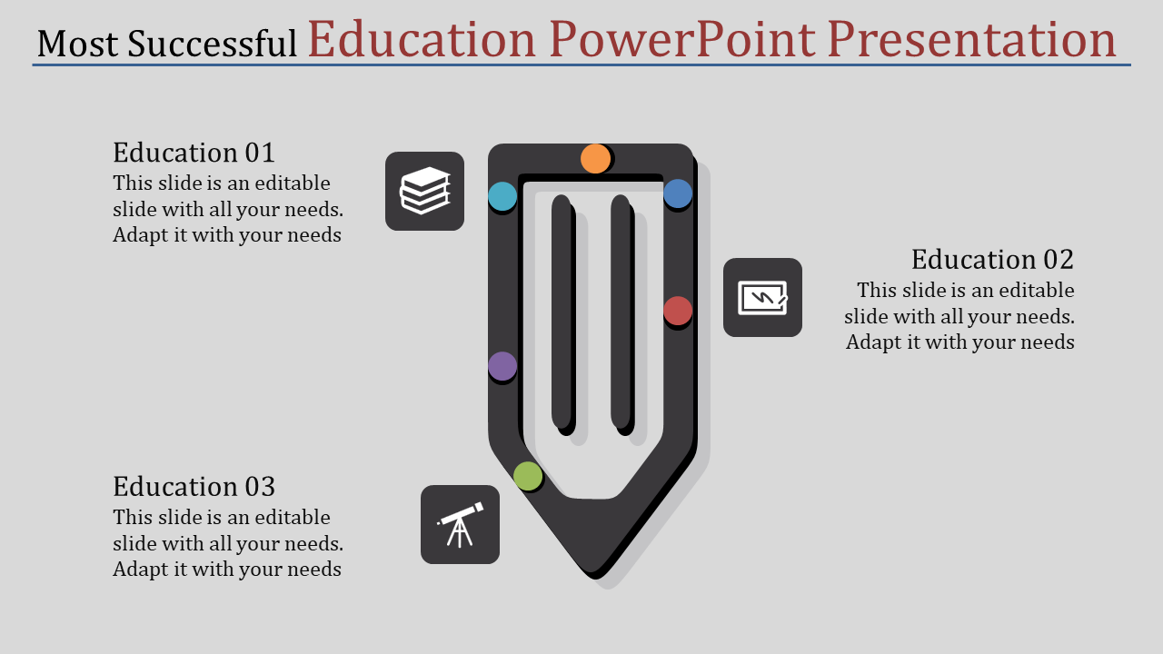 Education PowerPoint template featuring a pencil with colorful dots and icons such as books, telescope, and presentation.