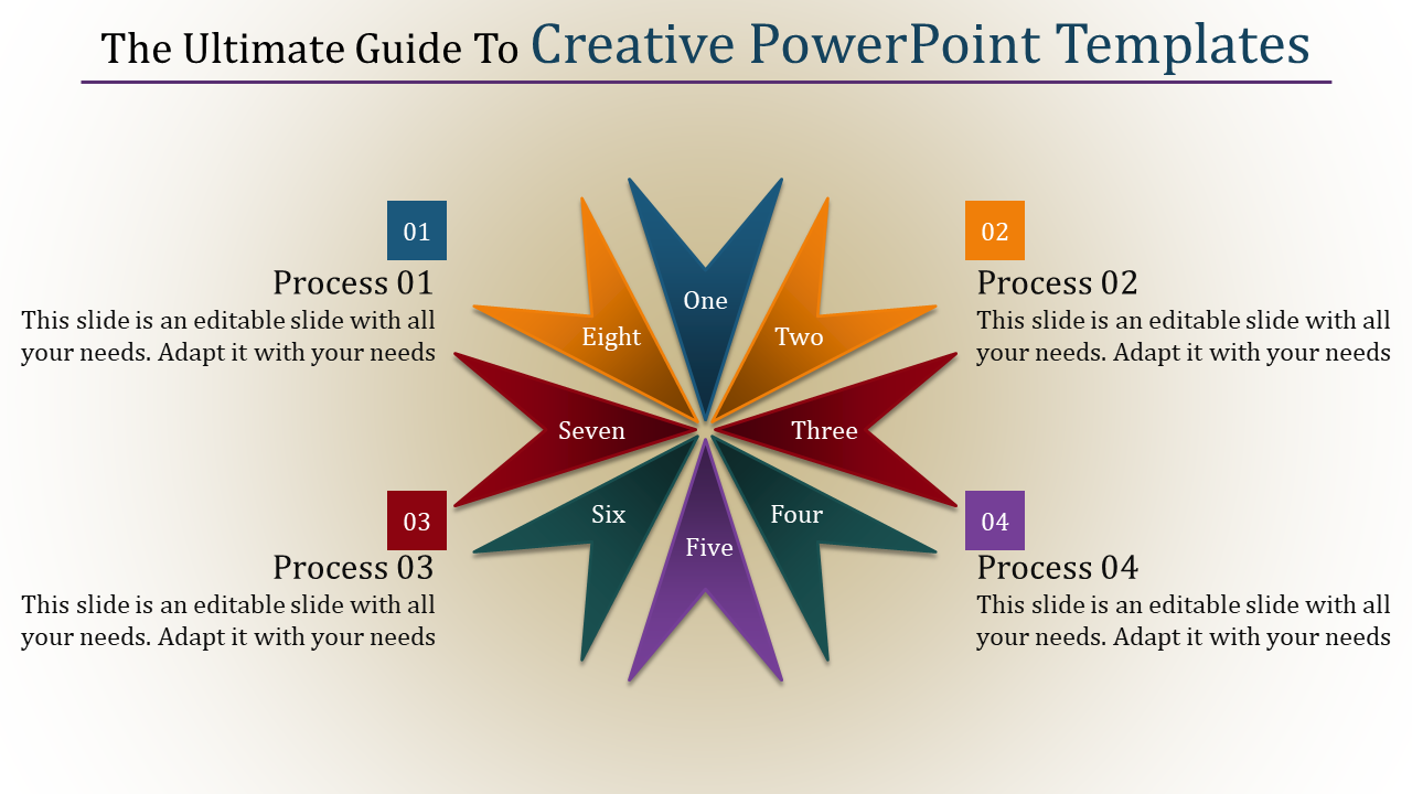 Creative PPT slide with a star shaped process diagram featuring eight colored sections with placeholder text.