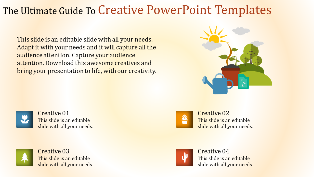 Creative PowerPoint template guide with four sections with icons and placeholder text.