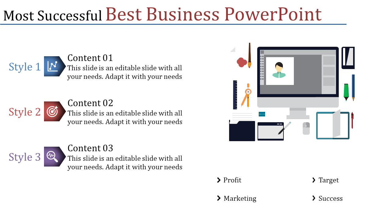 Business slide with styled content blocks, including a computer and office supplies with placeholder text.
