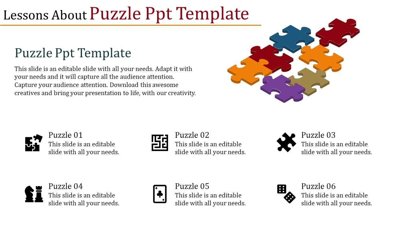 PowerPoint template with colorful puzzle pieces and creative puzzle icons for a dynamic presentation with placeholder text.