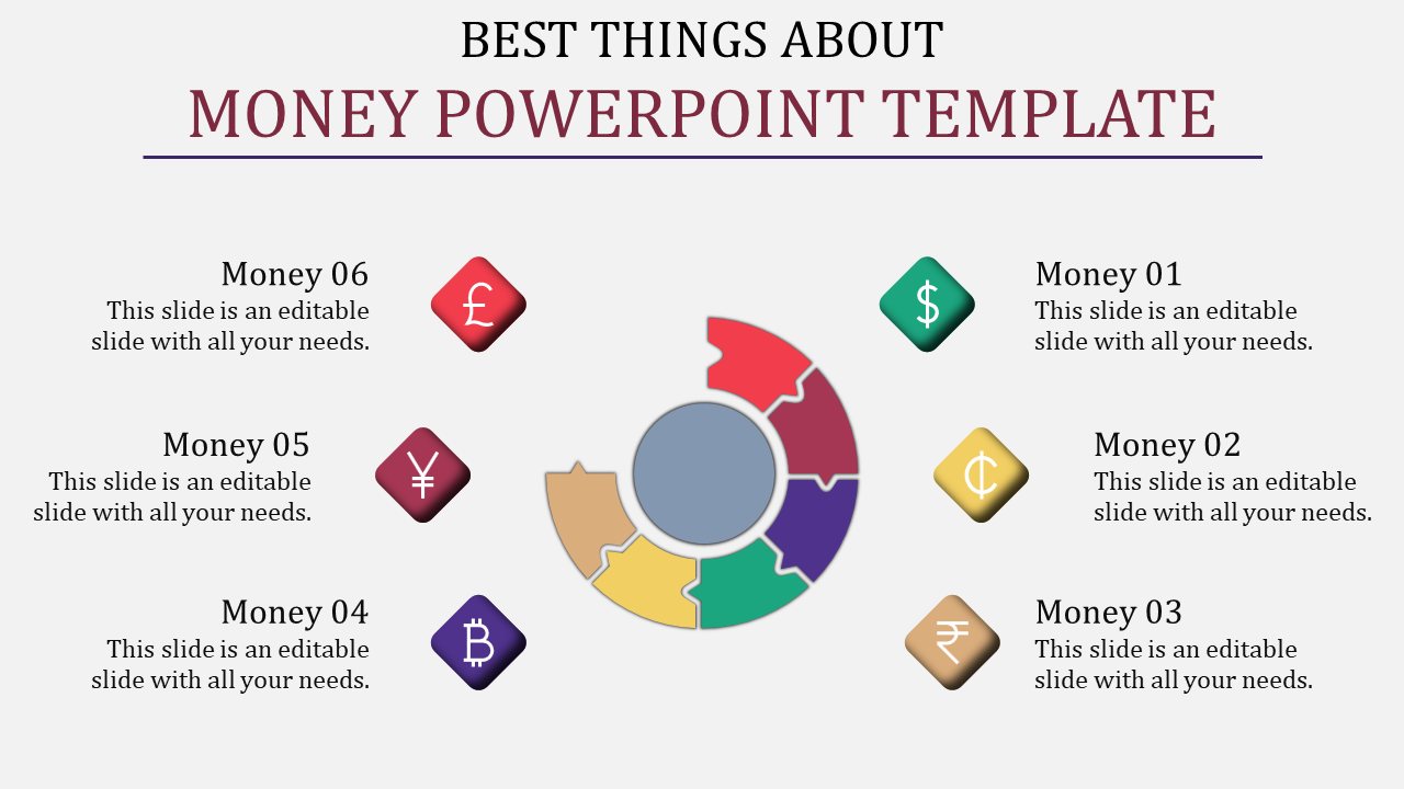 Colorful circular PowerPoint template featuring various currencies like the British pound, yen, and Bitcoin, with captions.