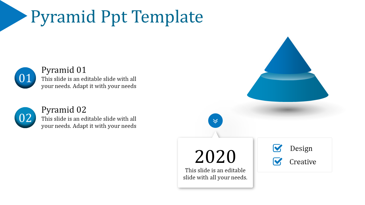 Blue themed pyramid PowerPoint template with a two layer pyramid graphic, numbered sections, and a 2020 highlight.