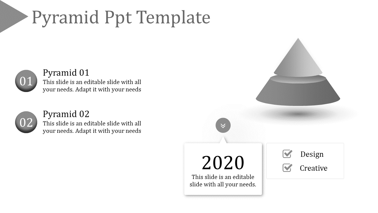 Minimalistic gray pyramid diagram, two levels, paired with descriptive text boxes and year 2020 design elements.