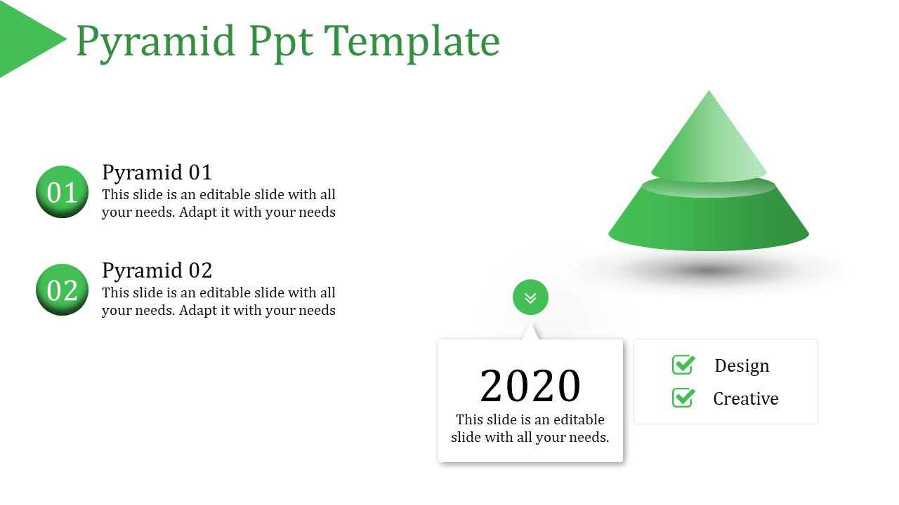 Green pyramid template with two layers, labeled 01 and 02, alongside a 2020 label with checklist elements.