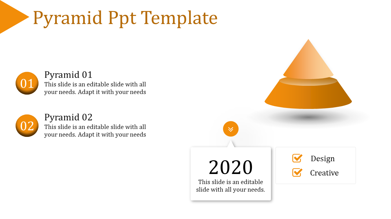 Orange pyramid template with two layers, labeled 01 and 02, alongside a 2020 label with checklist elements.