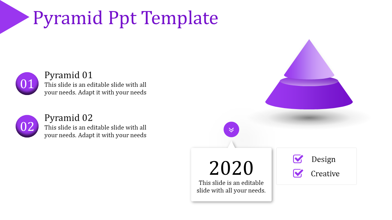 Purple pyramid PowerPoint template with a two layer gradient pyramid, numbered sections, and a 2020 design highlight.