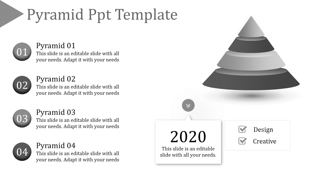 Gray themed pyramid PowerPoint template with four layers, numbered sections, and a 2020 design highlight.