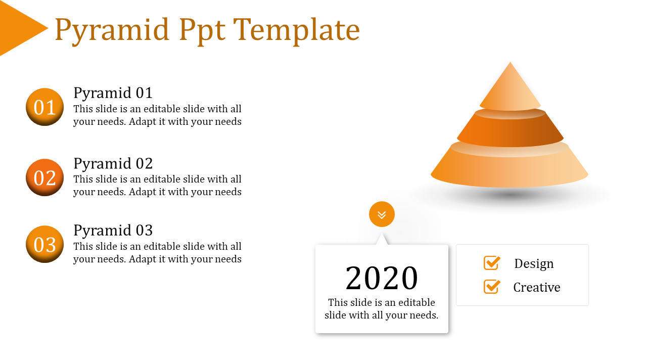 Pyramid themed slide with three labeled sections, content, and a 3D orange pyramid graphic on the right.
