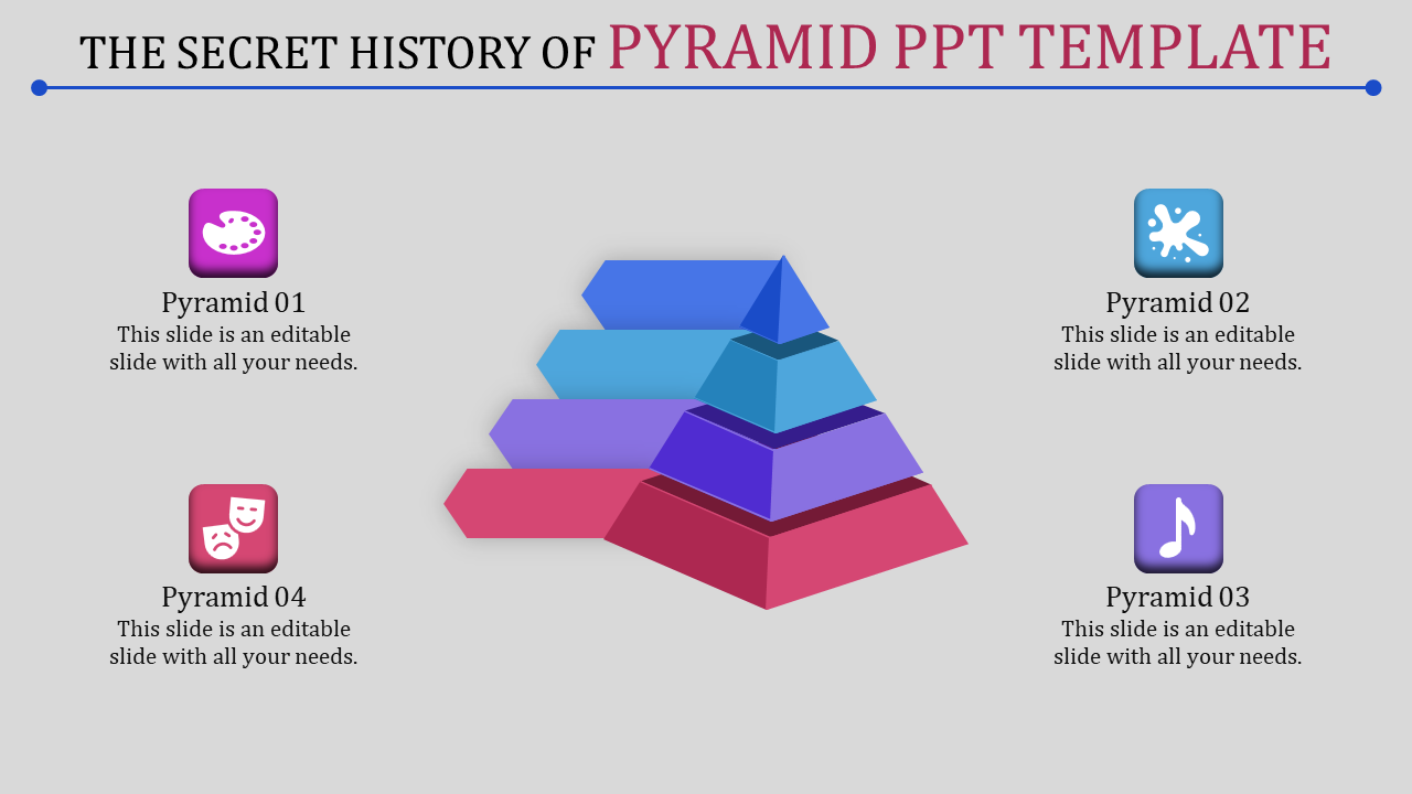 3D layered pyramid graphic with colorful segments in red, purple, blue, and cyan, surrounded by four icons with captions.
