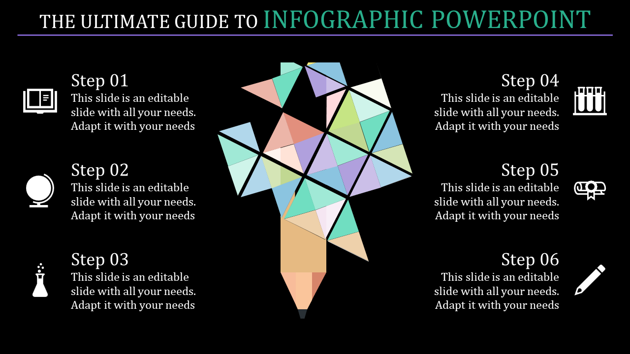 Abstract geometric pencil design with multicolored triangles at the center, on black background, and six steps outlined.
