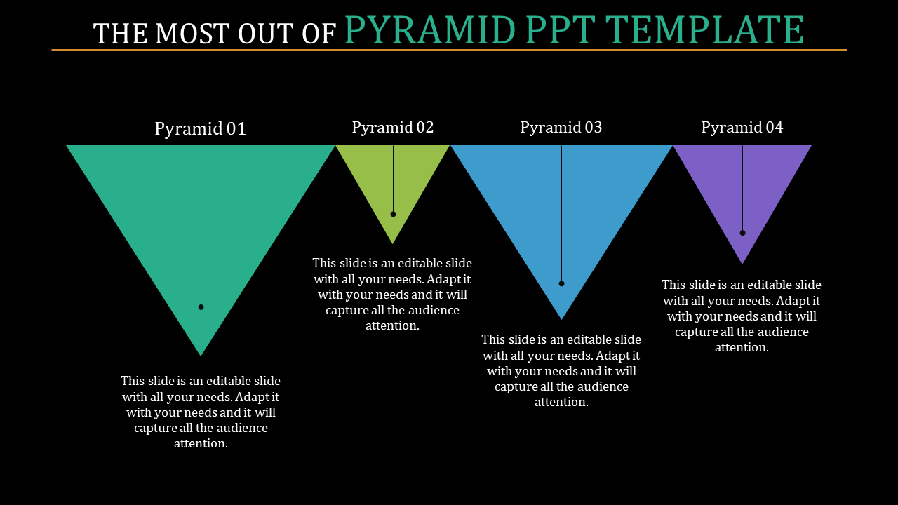 Four inverted pyramid shapes in green, lime, blue, and purple, each with a description below, set against a black background.