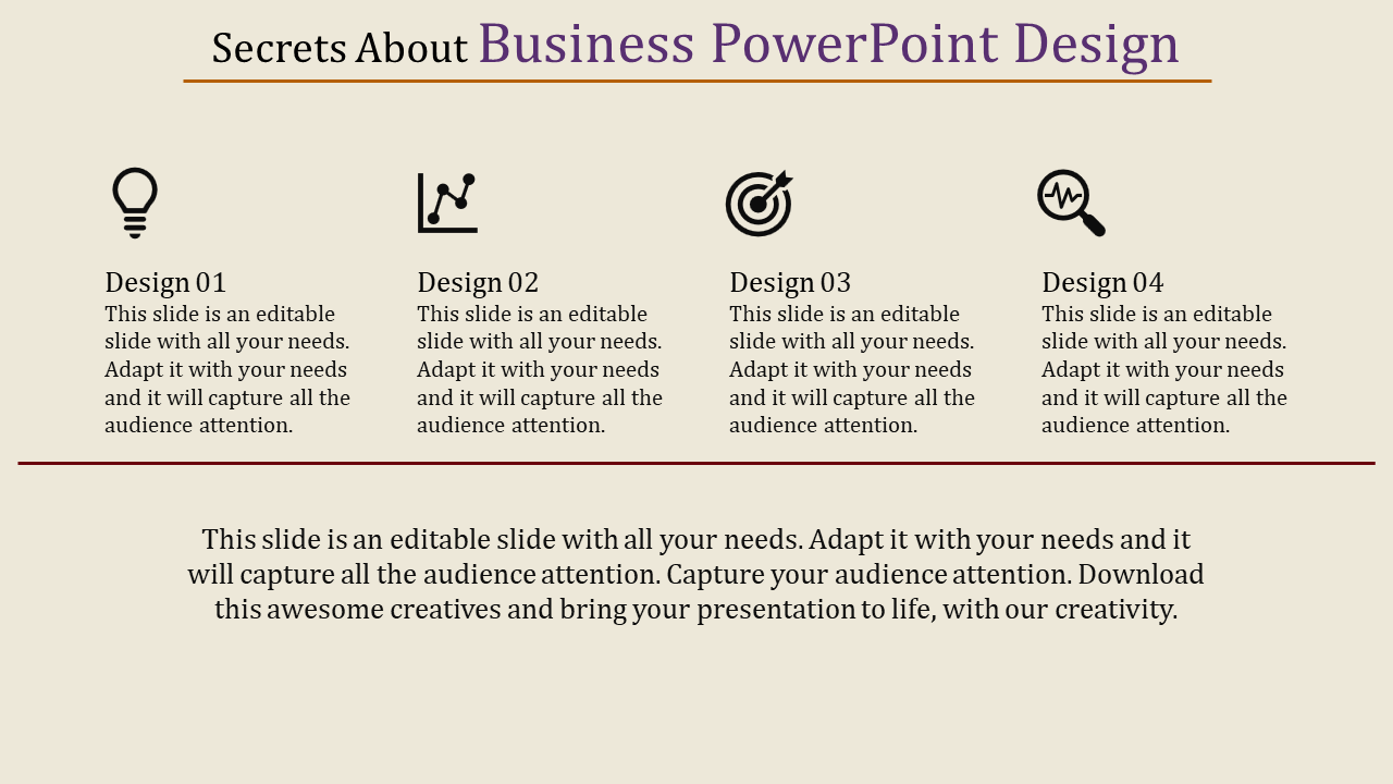 A PPT slide with four design options, each with an icon and placeholder text.