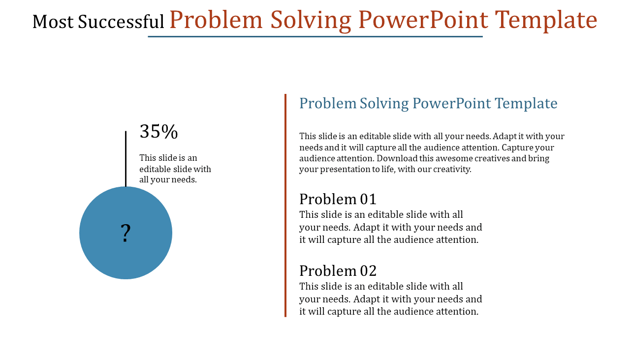 Problem solving PPT template featuring a 35 percent statistic in a blue circle and two problem descriptions on the right.