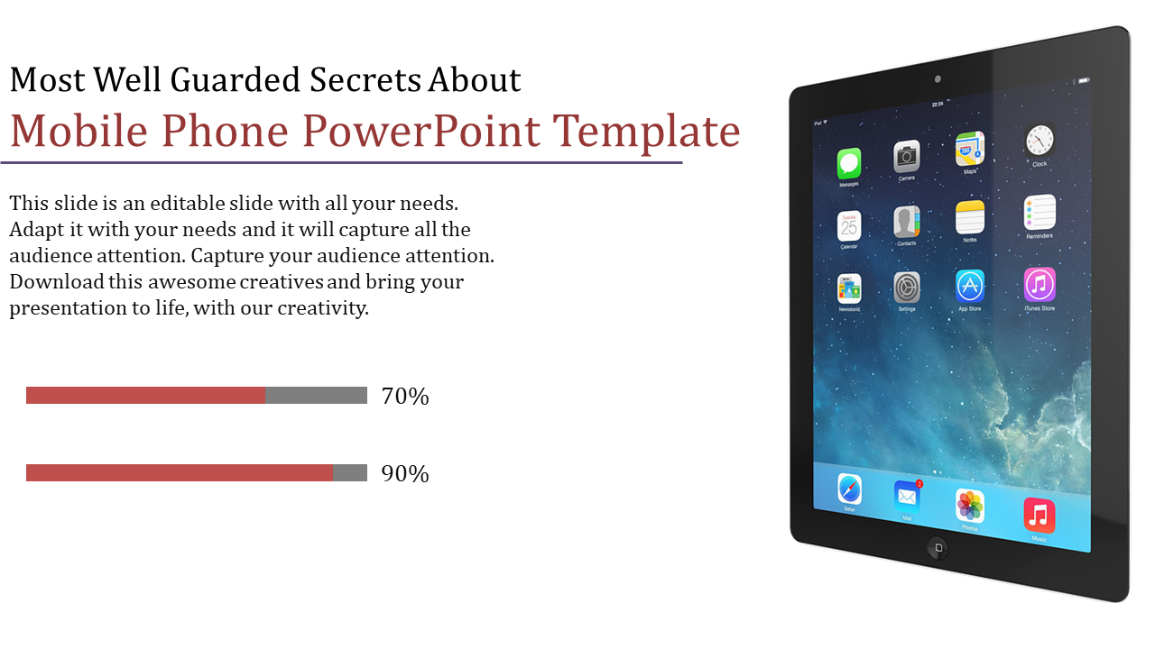 Slide features a black tablet with app icons on the right, progress bars with red fill, and centered descriptive text.