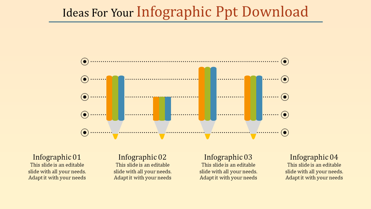 Creative infographic layout featuring four colorful pencil designs with horizontal dotted lines on a beige background.