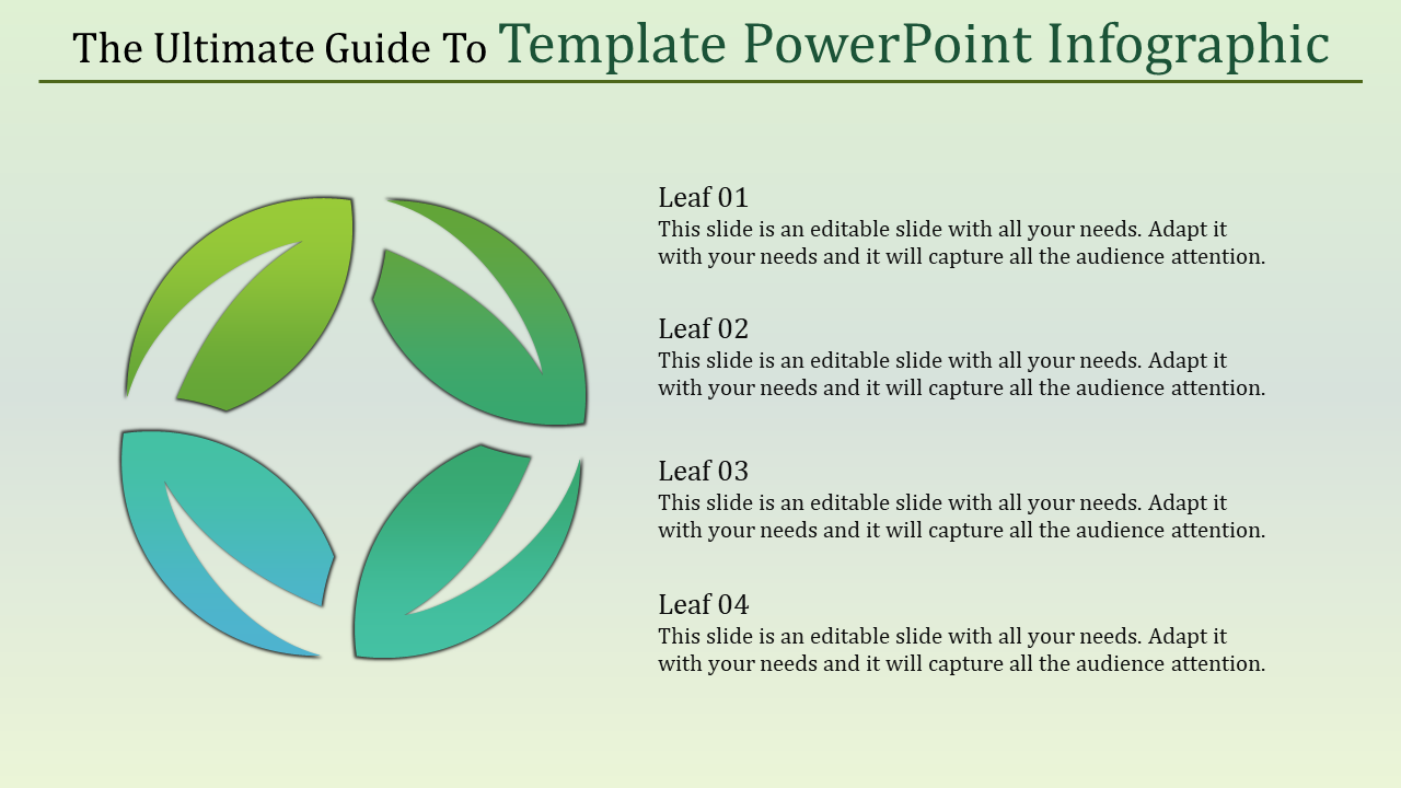 Infographic slide featuring a circular arrangement of green and blue leaf shapes with four captions on the right.