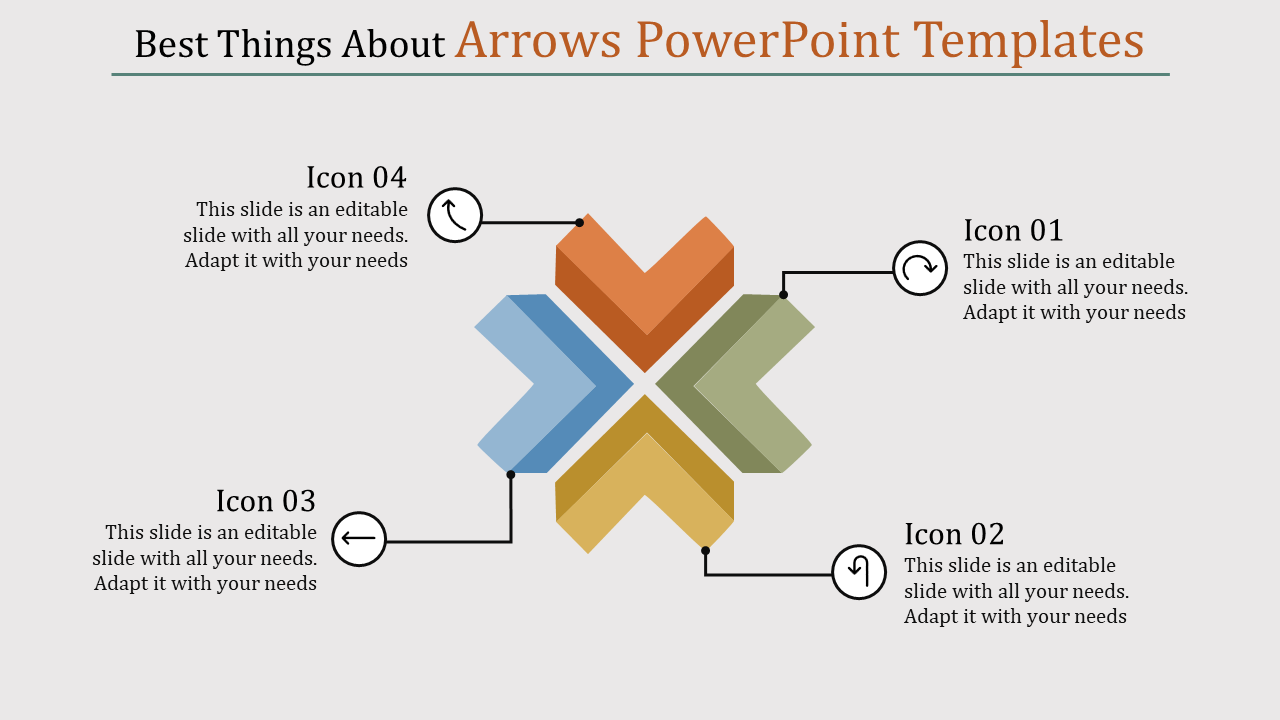 An arrows PowerPoint template showing a central shape with four arrows pointing outward, each labeled with icons.