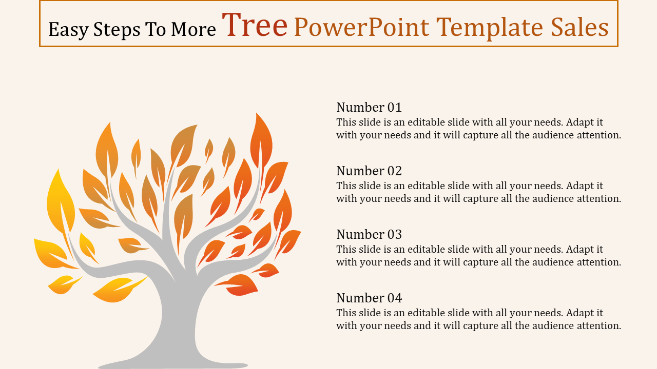 Tree themed PowerPoint template with numbered sections for content and a vibrant orange leaf design.