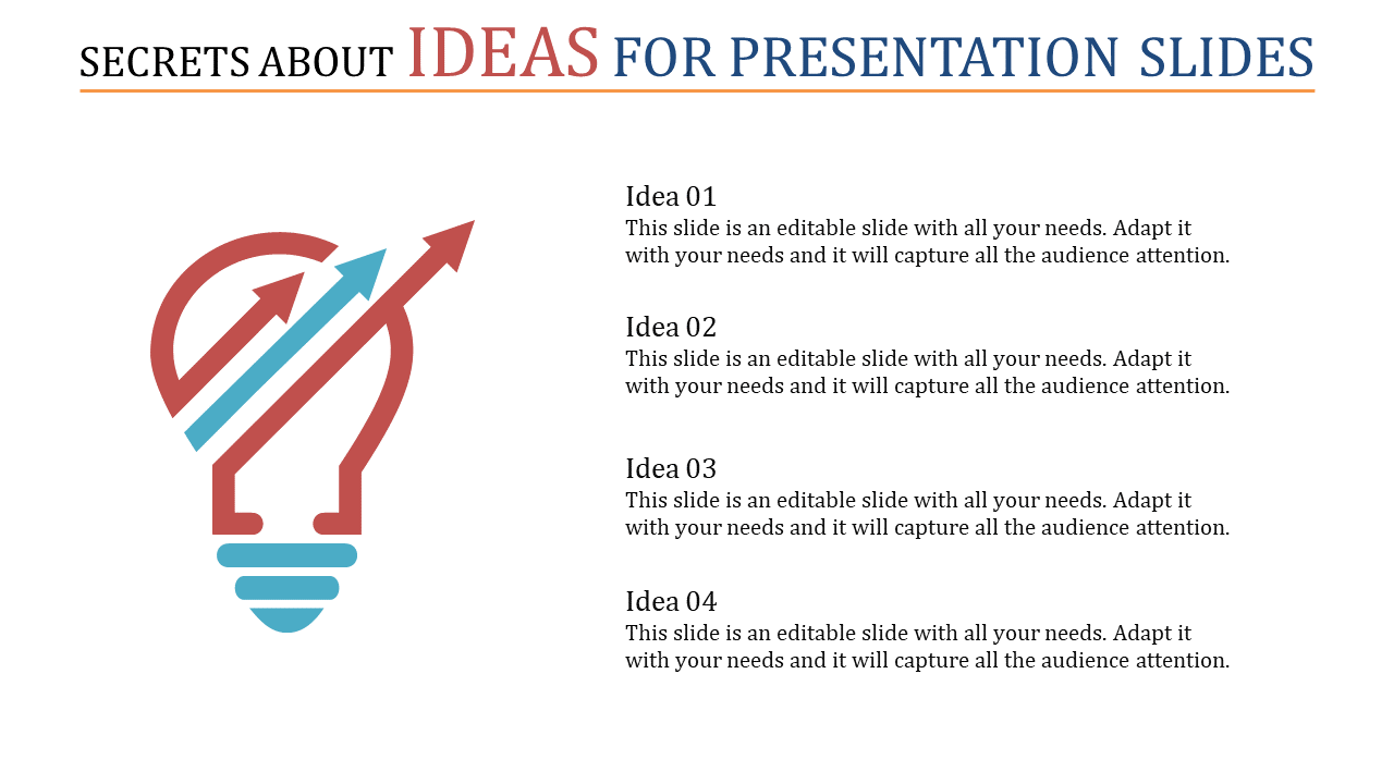 Slide with a red and blue lightbulb graphic incorporating upward arrows, paired with four text sections on the right.