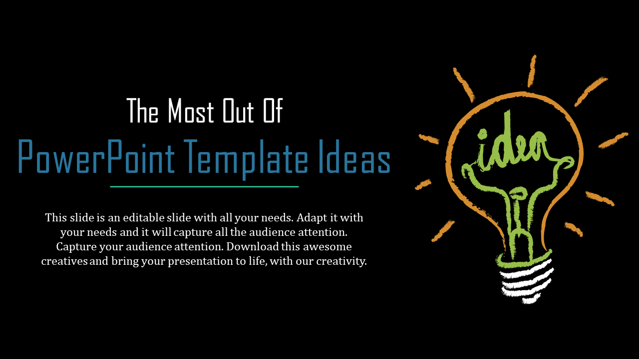 Ideas PowerPoint slide featuring a black background with a glowing light bulb illustration and the text.