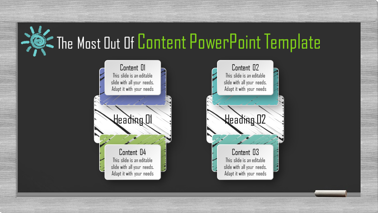 Blackboard style PowerPoint template with four content sections and two headings. 