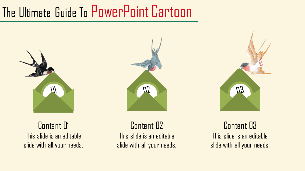 Cartoon PowerPoint template featuring birds and envelopes with numbered content sections.