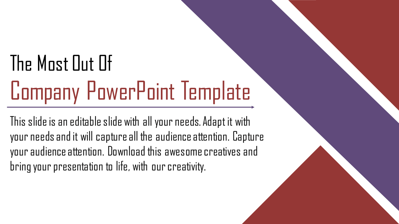 Creative PowerPoint slide with a sleek design, featuring company focused content and vibrant geometric shapes.