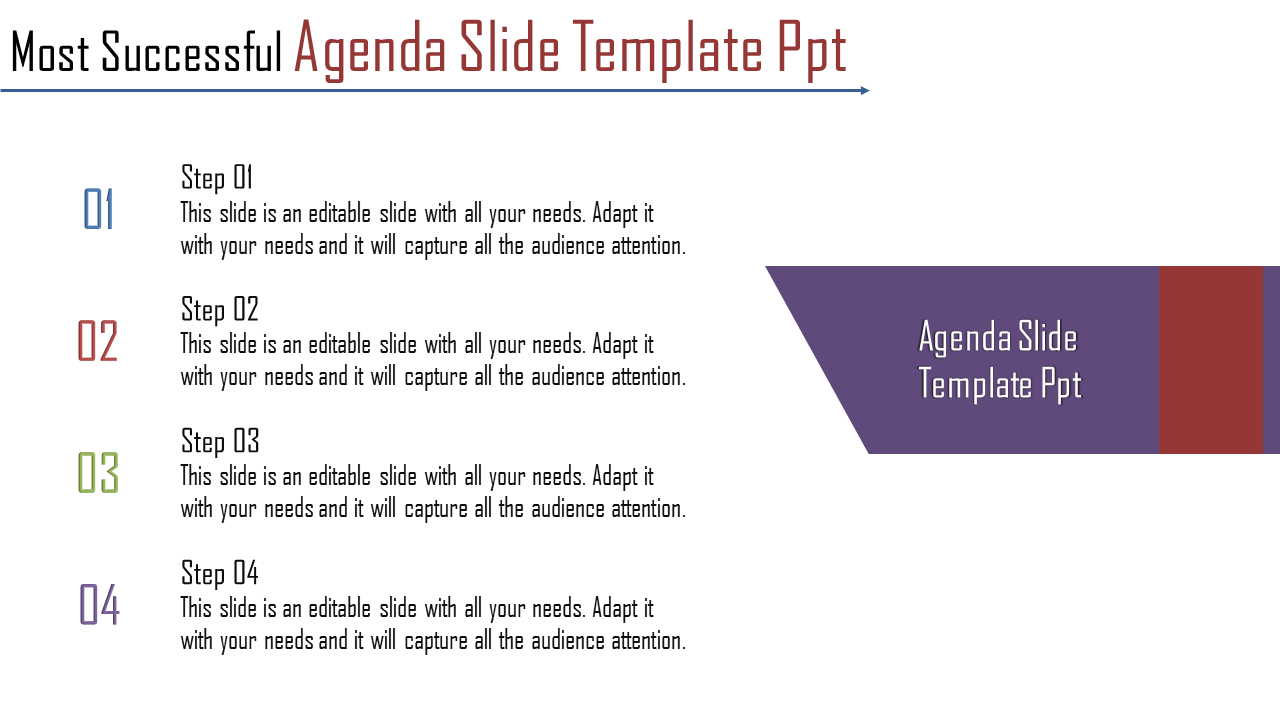 Agenda PPT slide with four numbered steps, each accompanied by text and a title block on the right.