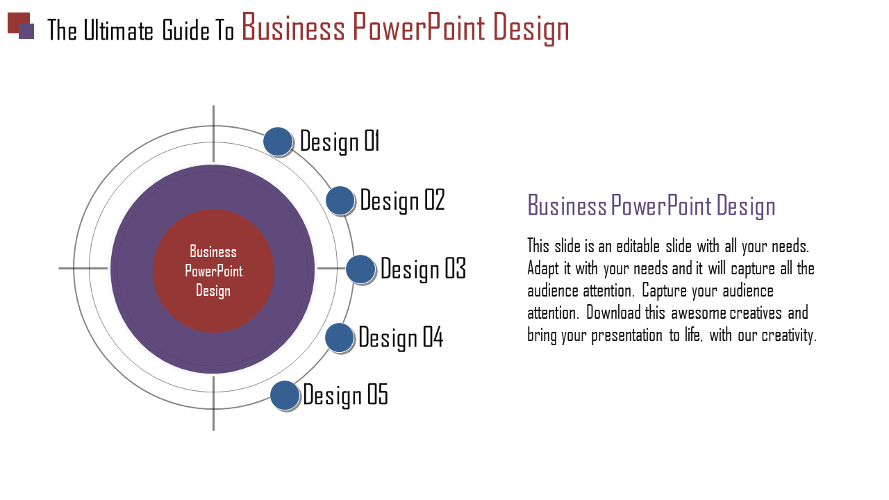 Business template with a multi layered circle, with five blue dot markers, and descriptive text on a white background.