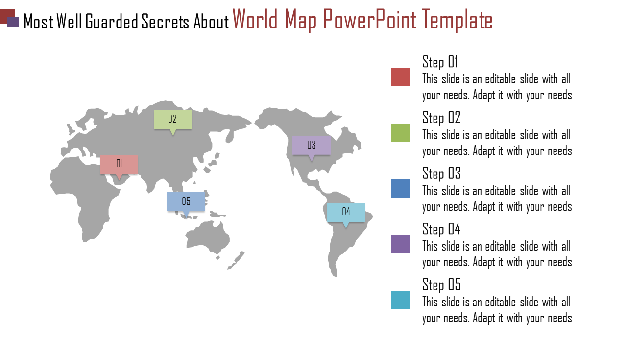 World map slide with numbered color markers and matching steps listed on the right in red, green, blue, purple, and teal.