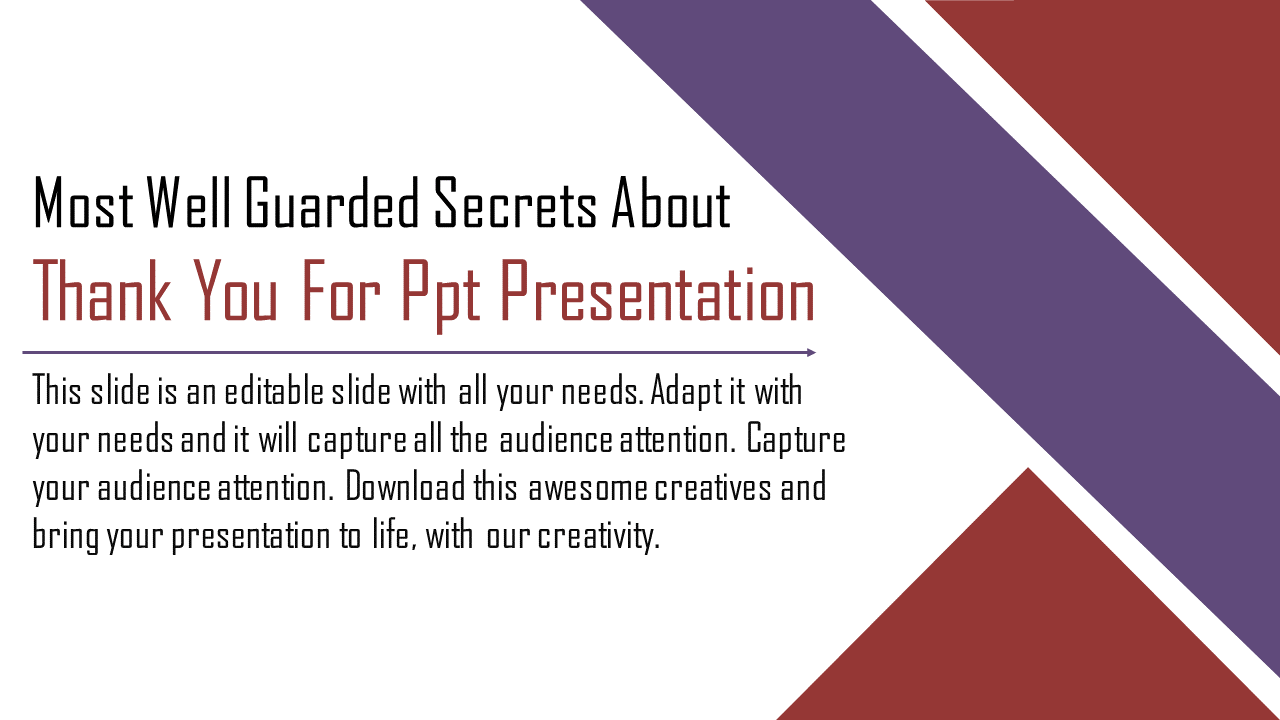 Thank you slide design with bold diagonal purple and red shapes and text for PowerPoint presentations.