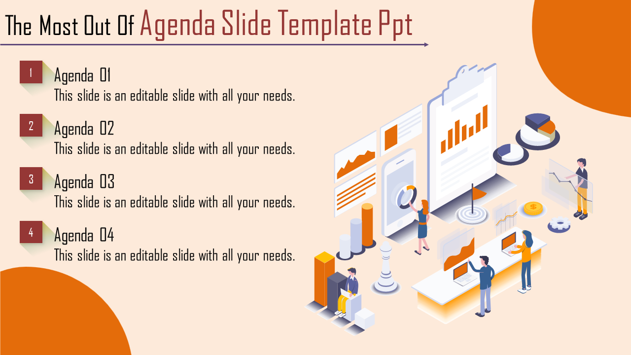 An illustrated agenda PPT slide with four numbered items and icons related to data and analytics.