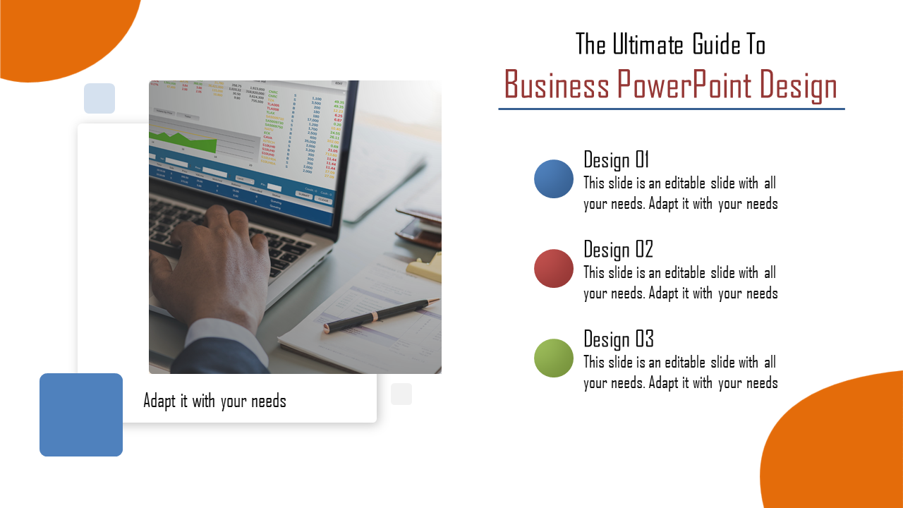 Business slide with a laptop displaying charts image, bold title and three design options on the right.