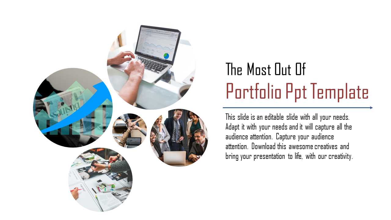 Portfolio slide with circular images of business, teamwork, and charts, with a bold title and descriptive text on the right.