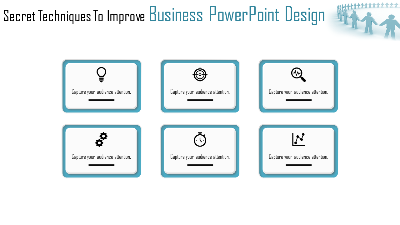 Business PowerPoint design slide showcasing six icons with captions for presenting ideas and strategies.