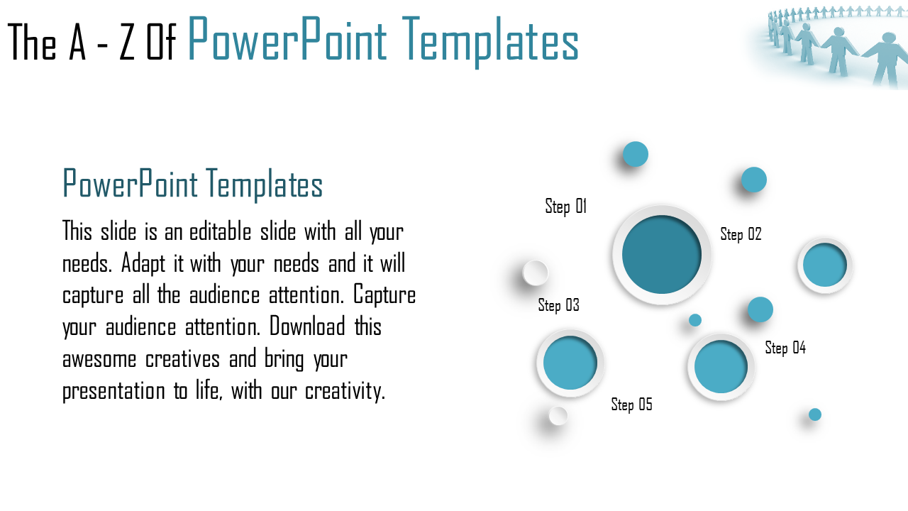 Presentation slide with text about PowerPoint template and a visual design showcasing five labeled steps in blue circles.