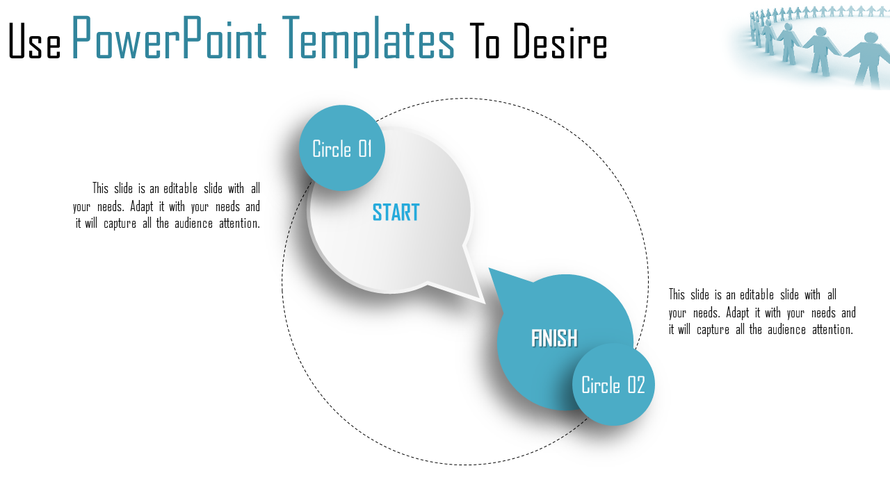 PowerPoint template with a circular flow design featuring start and finish speech bubbles connected with dotted lines.