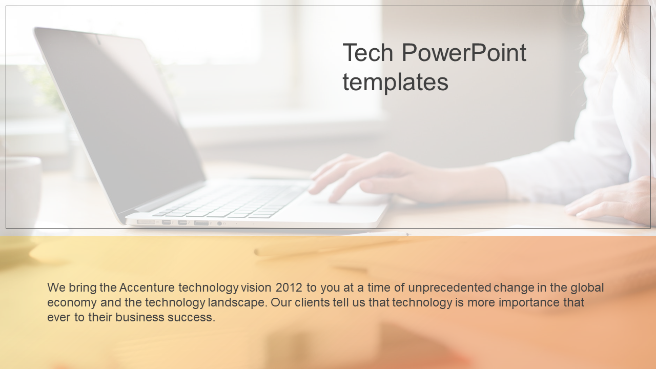 A blurred background with a laptop and a hand typing, overlaid with text and a gradient footer in yellow.