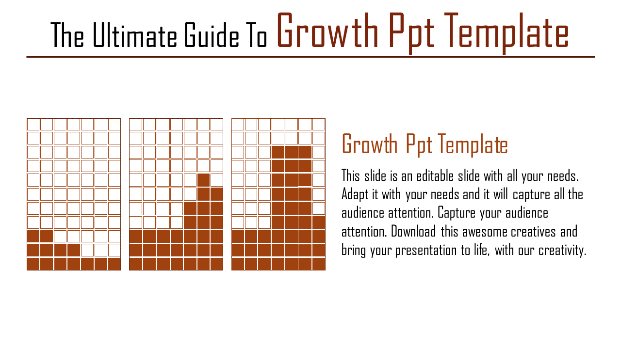 Slide with a title, three brown grid charts showing growth, and a description on a white background.