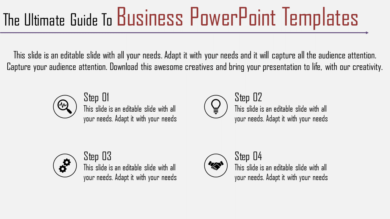 Business slide with four numbered steps, each with icons and descriptions, on a white background.