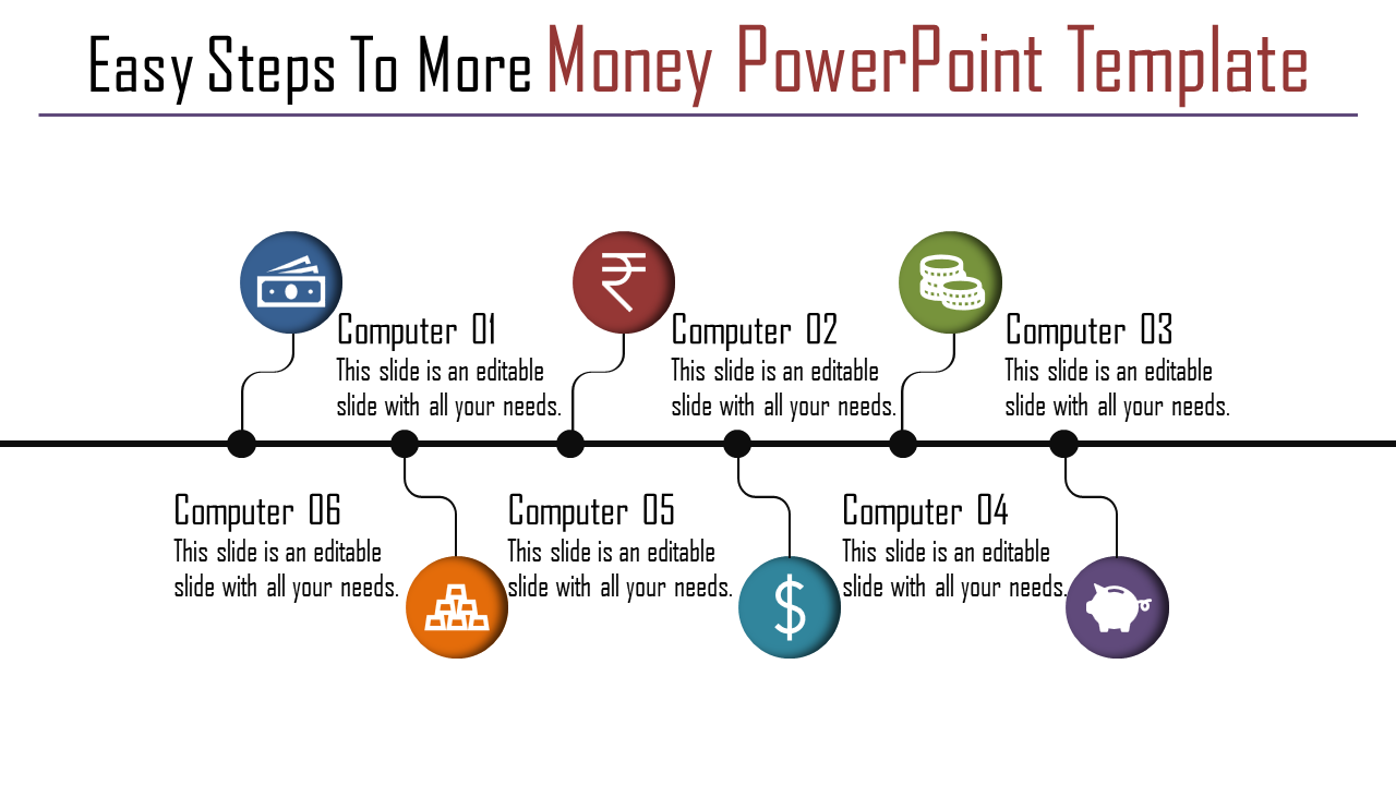 Money themed PPT slide with six connected icons, including a wallet, currency symbols, and a piggy bank, with captions.
