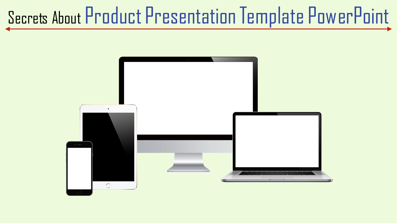 Product presentation template showcasing devices including a desktop, laptop, tablet, and smartphone on a green background.