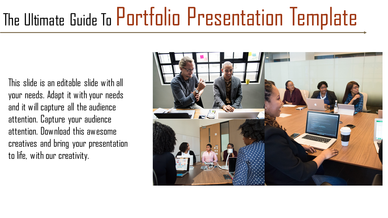 Portfolio PPT template with text on the left and three images showcasing teamwork, meetings, and discussions on the right.