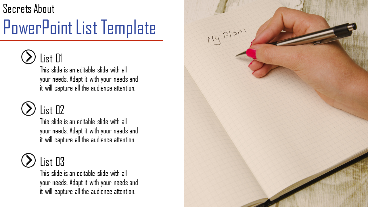 Slide with three list points on the left and a hand writing in a grid notebook on the right.