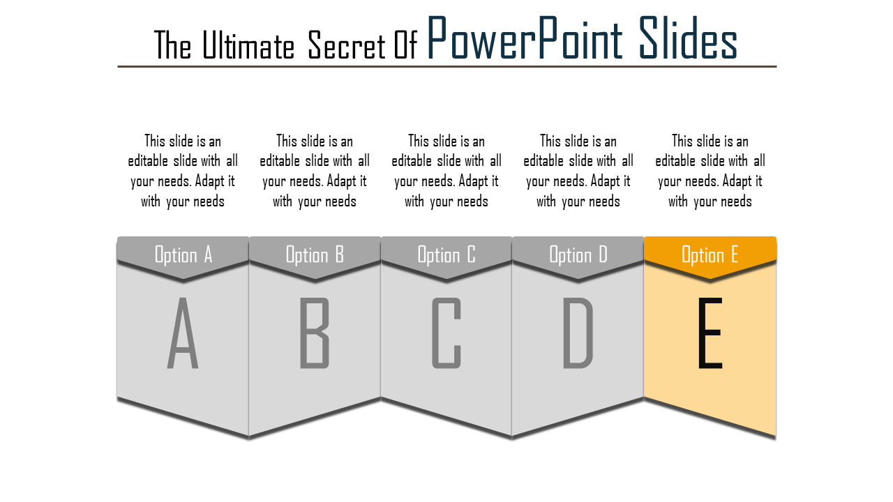 A modern PowerPoint slide design featuring options A to E with placeholders for content.