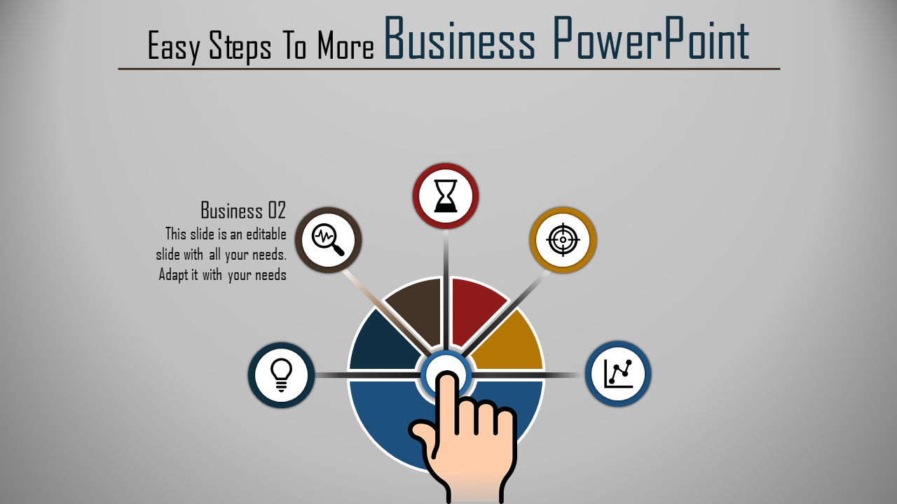 Slide with a radial layout of five segments and business related icons connected to a central hand interacting button.