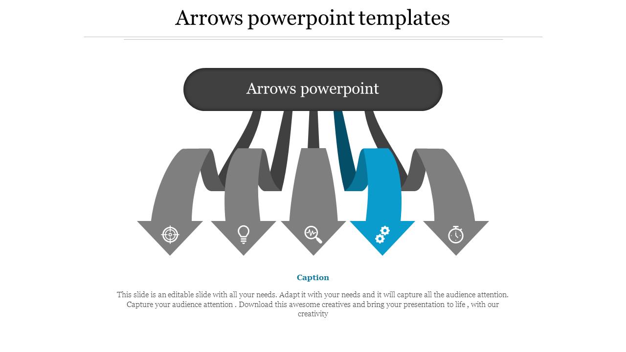 Slide featuring a central black label and five curved arrows in gray and one highlighted in blue, each pointing downward.