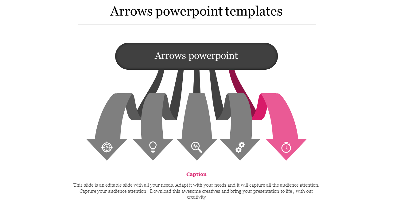 Slide with five downward arrows, four in gray and one in pink, each with an icon at the tip.