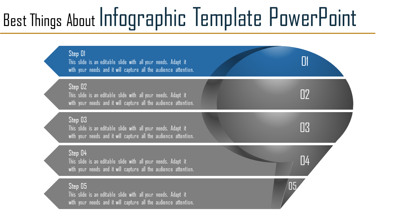 Gray infographic with five arrow steps, one is highlighted in blue, aligned horizontally with a circular design on the side.